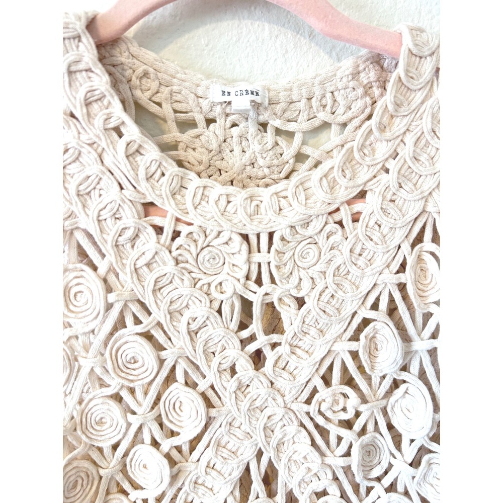 Boho Hippie Crochet Macrame Floral Open Knit Tank Top Cream Sleeveless OS - Picture 4 of 10
